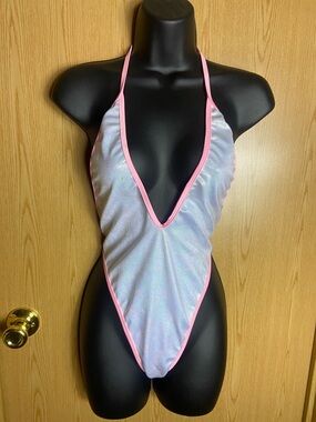 Holographic Pink Trim Deep V One-Piece Swimsuit